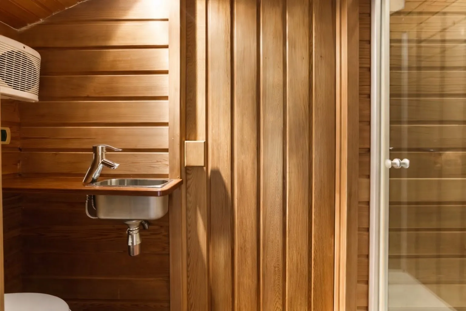 Shower room of the Ocean Room: stainless steel basin, wood panelling and glass shower
